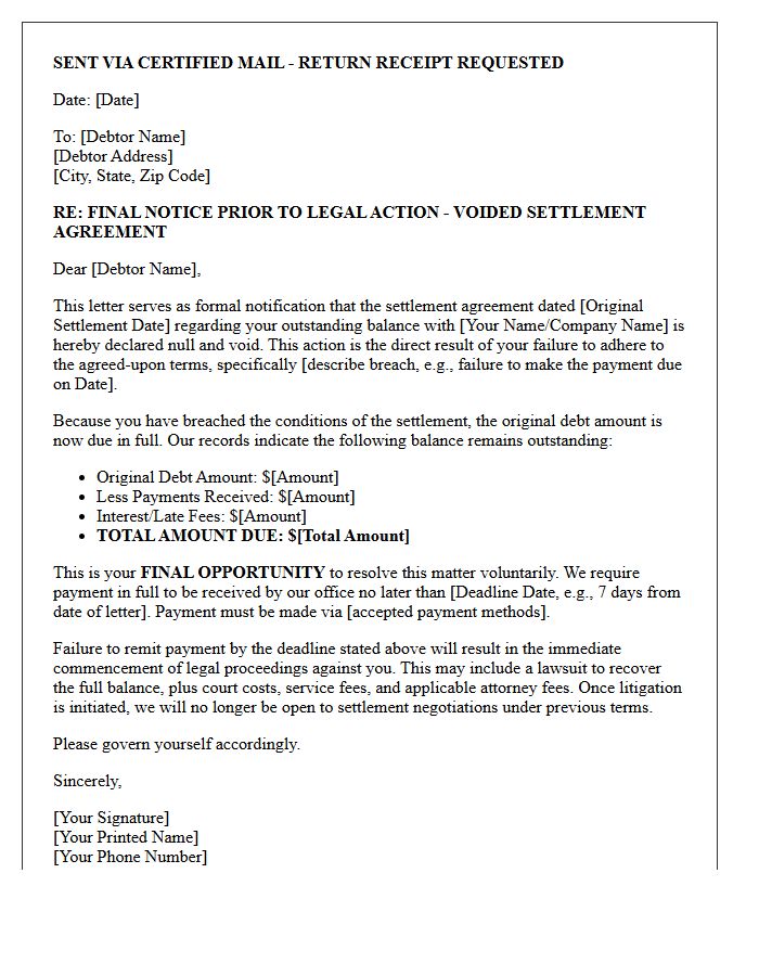Final Notice Letter Prior To Litigation For Voided Settlement