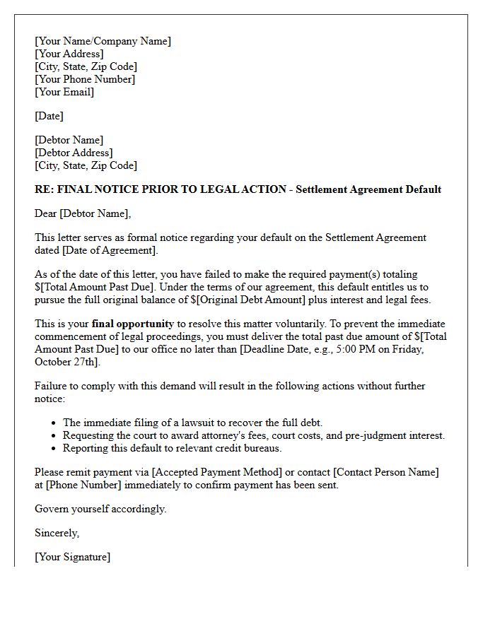 Final Opportunity Letter Before Legal Action For Defaulted Settlement