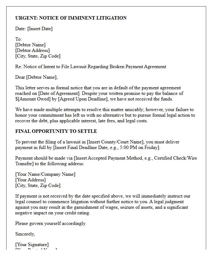Imminent Litigation Notice Letter For Broken Payment Promise