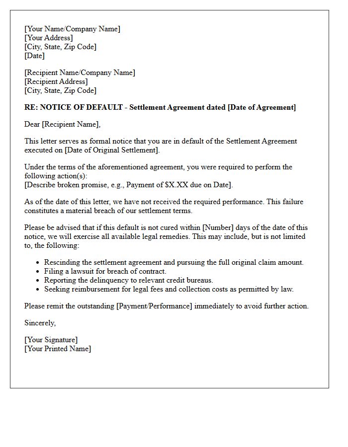 Notice Of Default Letter For Broken Settlement Promise
