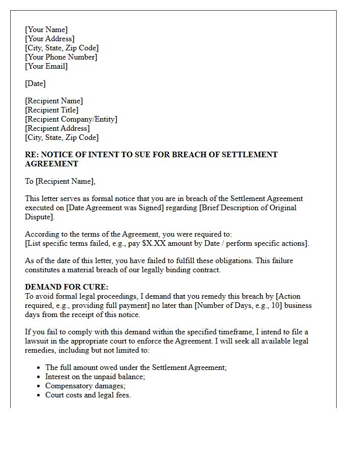 Notice Of Intent To Sue Letter For Broken Settlement
