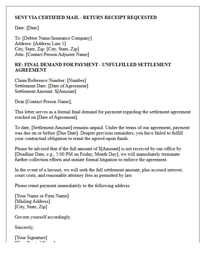 Pre-Litigation Final Demand Letter For Unfulfilled Settlement