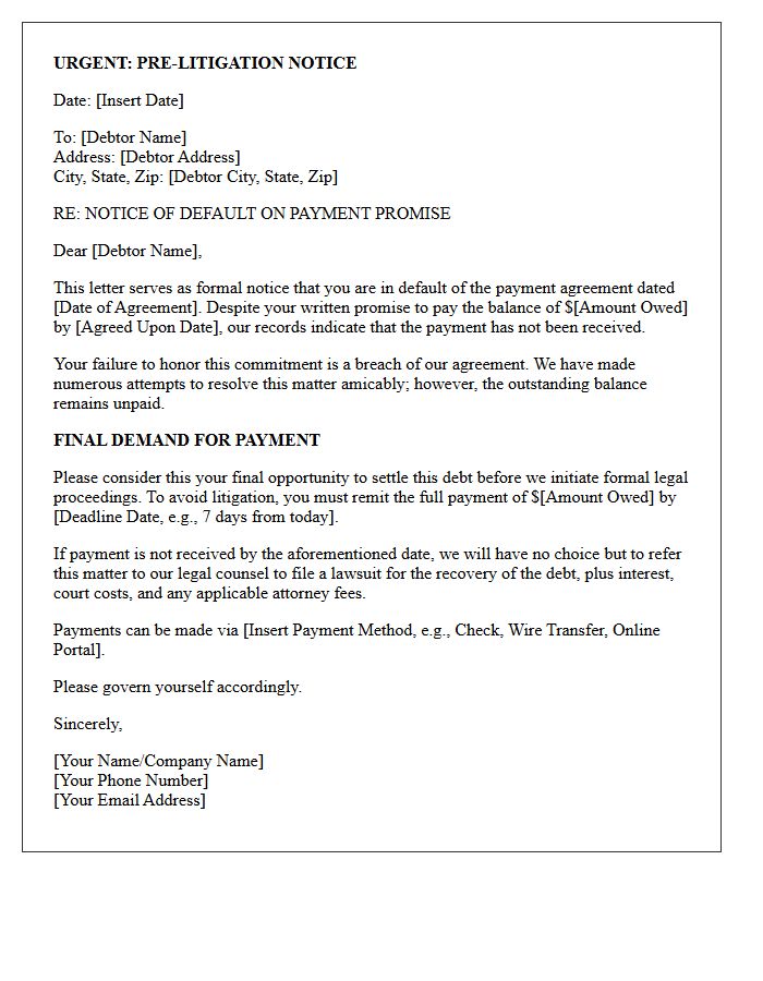 Pre-Litigation Warning Letter For Defaulted Payment Promise