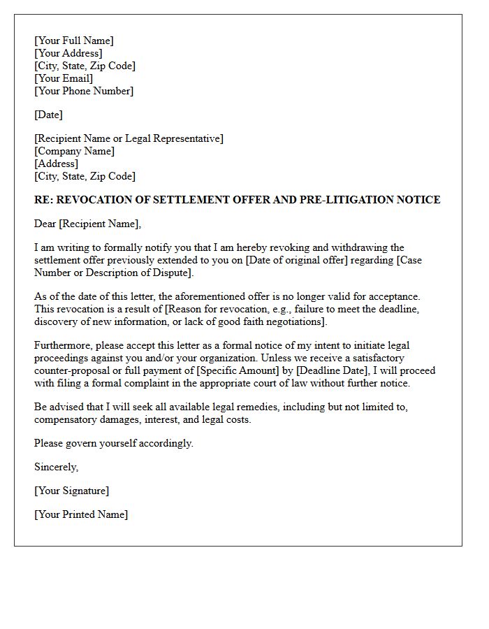 Revocation Of Settlement And Pre-Litigation Notice Letter