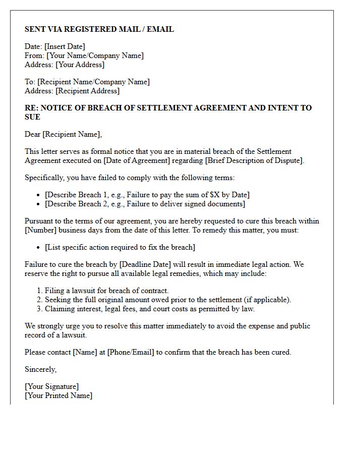 Settlement Breach Warning Letter Prior To Lawsuit