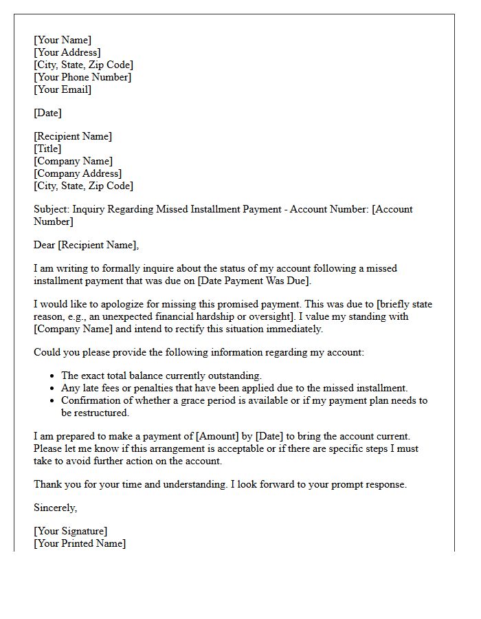 Account Inquiry Letter for Missed Promised Installment