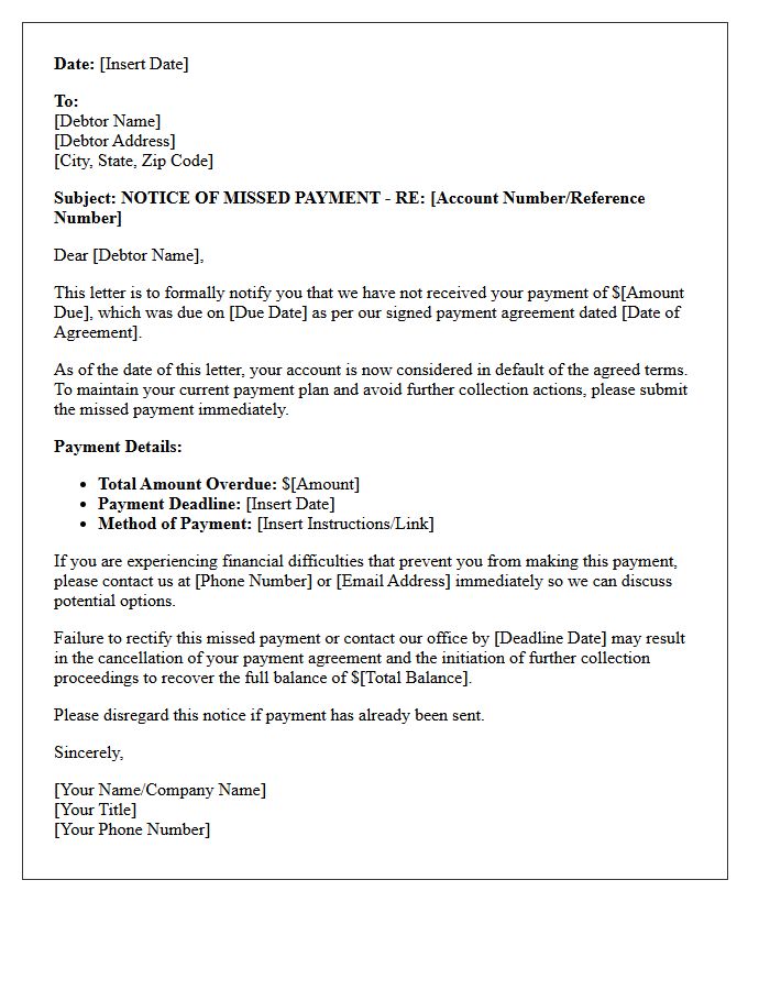 Debt Collection Letter Regarding Missed Payment Agreement
