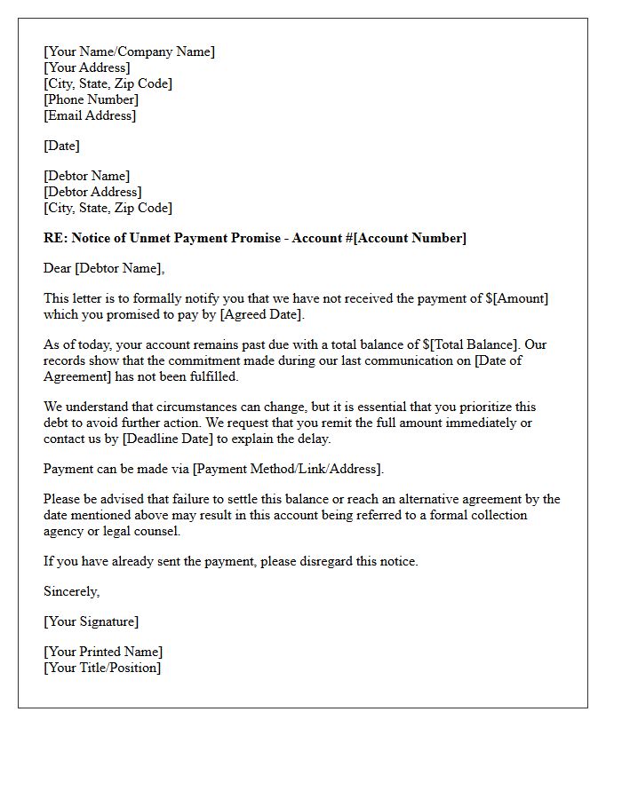 Debt Recovery Letter for Unmet Payment Promise