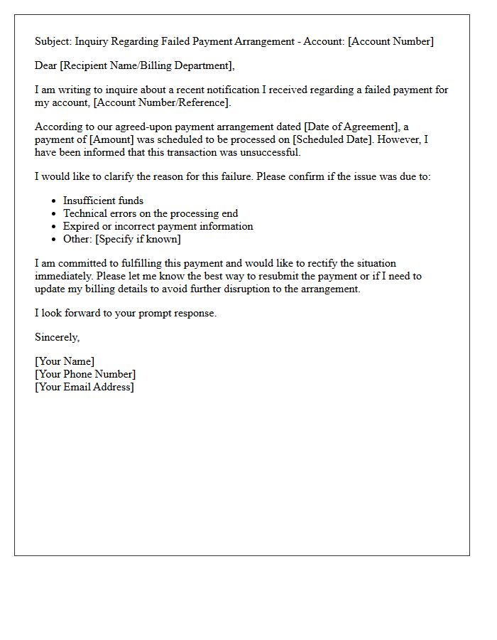Inquiry Letter on Failed Payment Arrangement