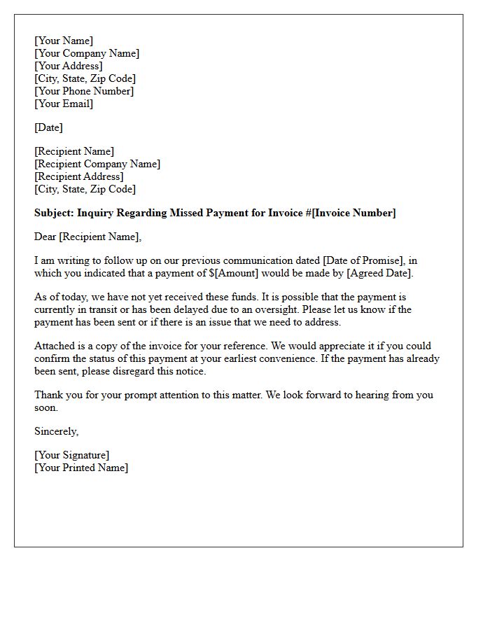Inquiry Letter Regarding Missed Promised Payment