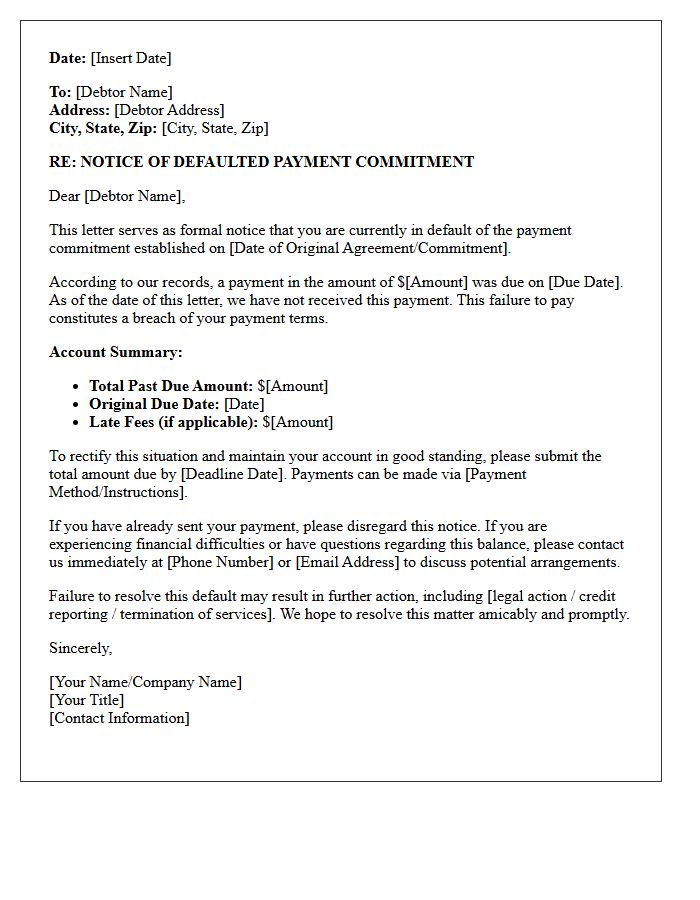 Notice Letter Regarding Defaulted Payment Commitment