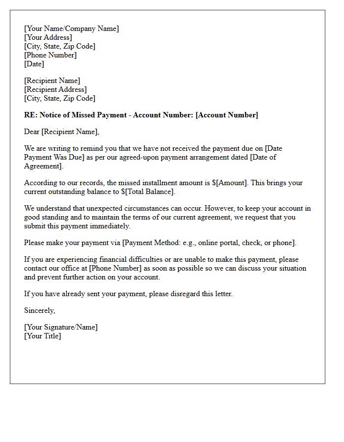 Reminder Letter Regarding Missed Payment Arrangement