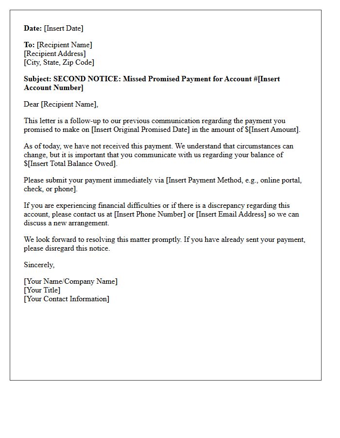 Second Notice Letter Regarding Missed Promised Payment