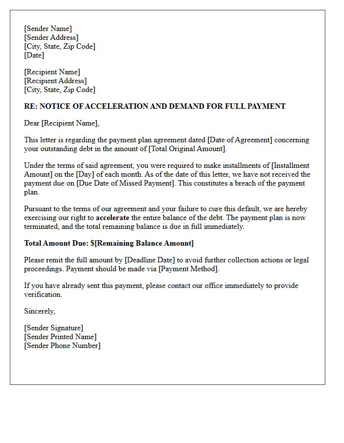 Letter of Acceleration Following Broken Payment Plan
