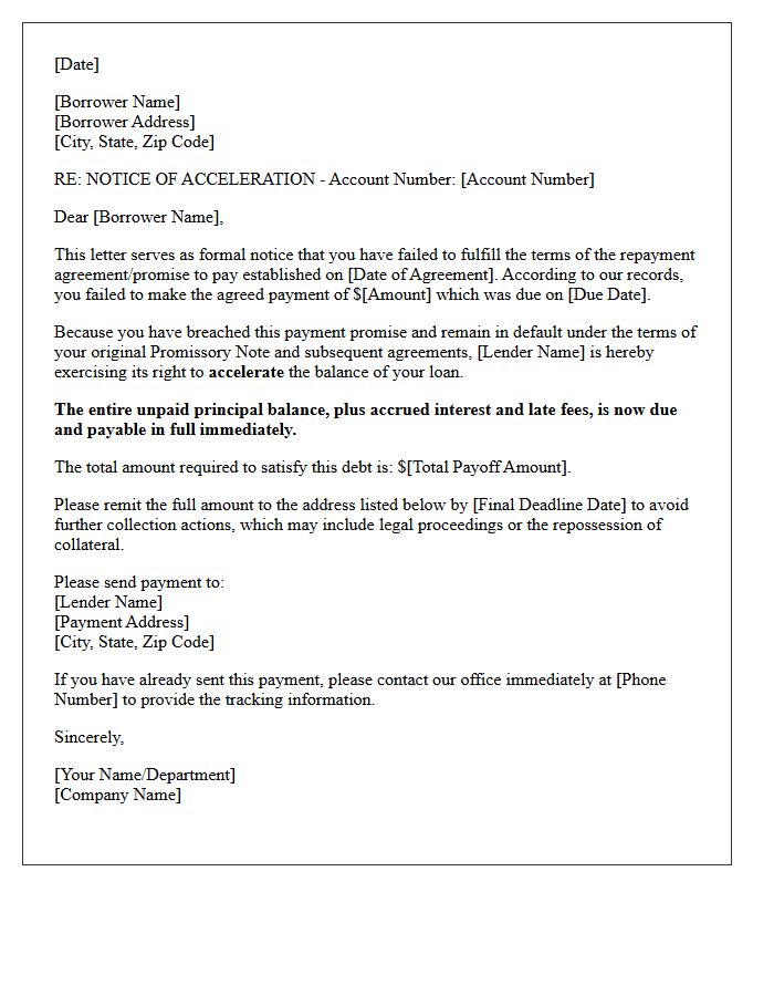 Notice of Acceleration Due to Broken Payment Promise Letter