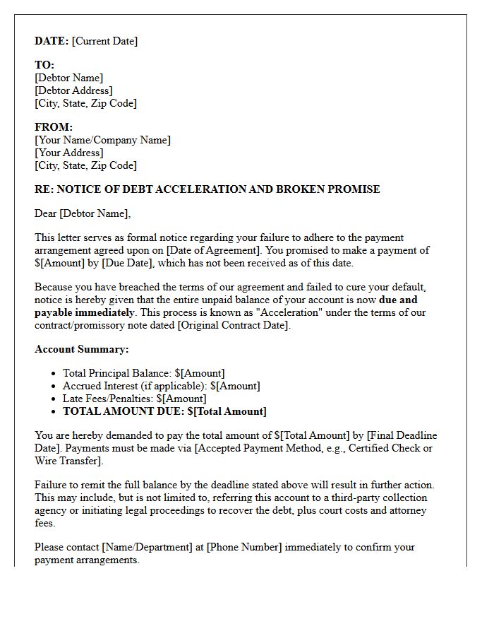 Notice of Debt Acceleration and Broken Promise Letter