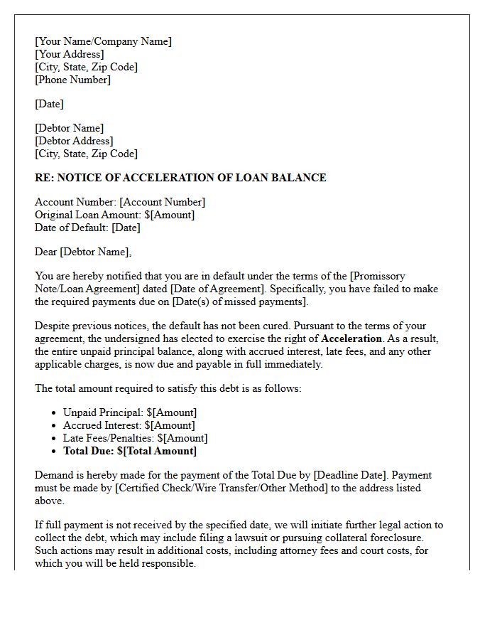 Notice of Full Balance Acceleration Letter Due to Default