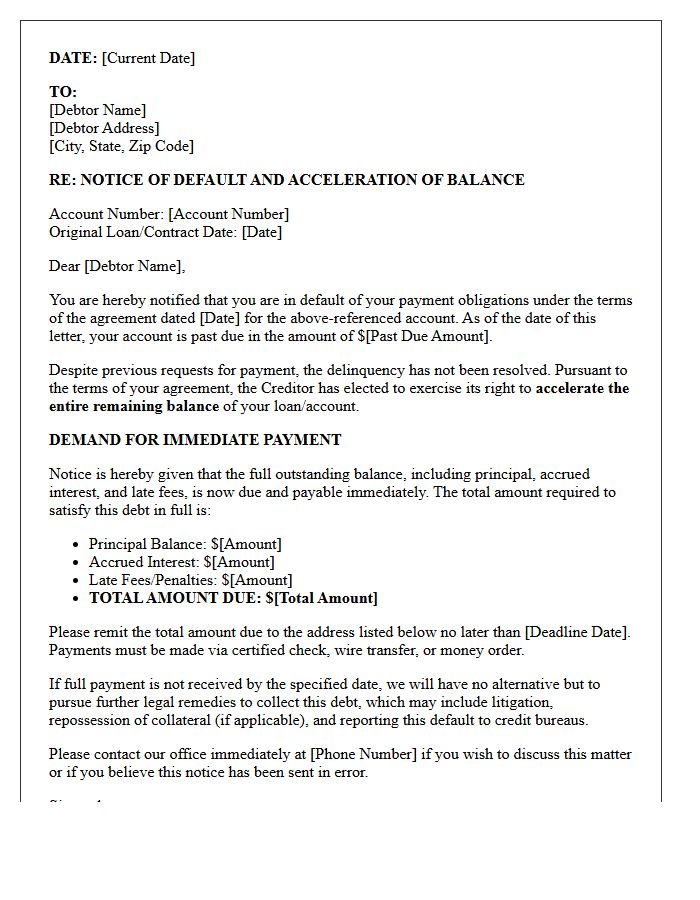 Payment Default and Balance Acceleration Letter