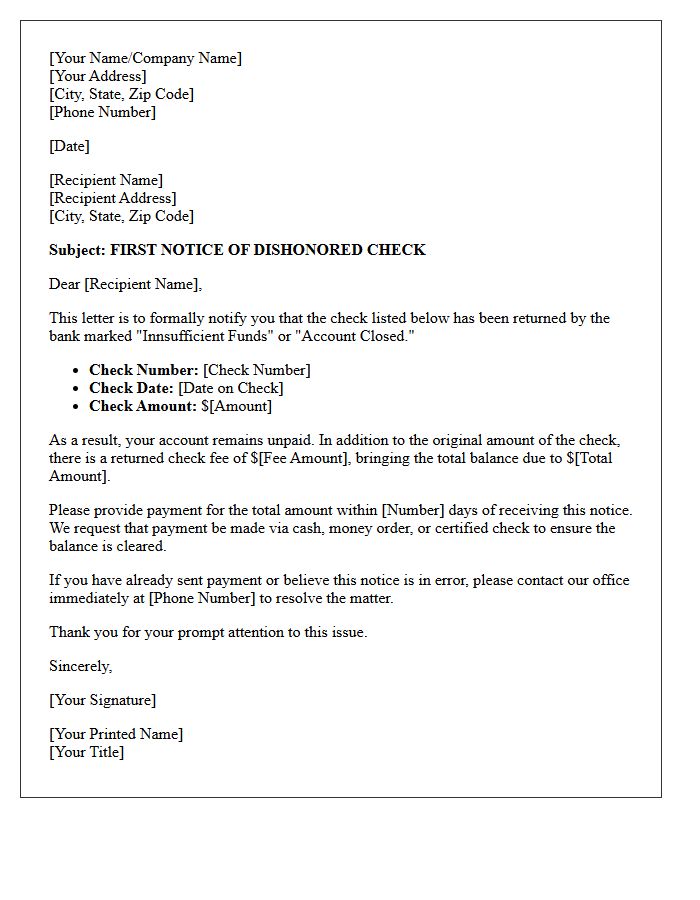 Subject First Notice of Dishonored Check Letter