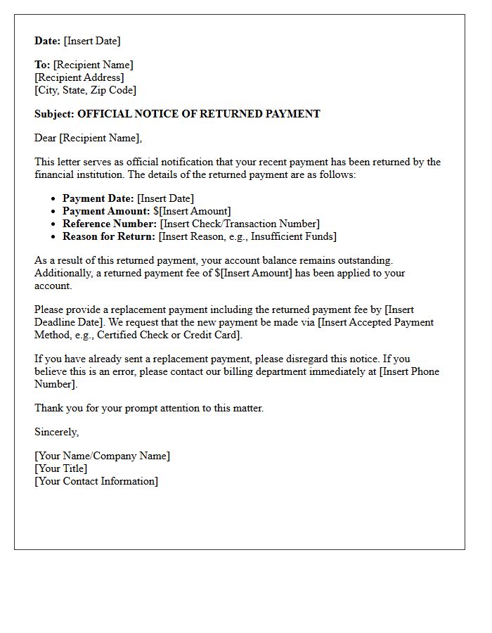 This Letter Is Official Notice of a Returned Payment