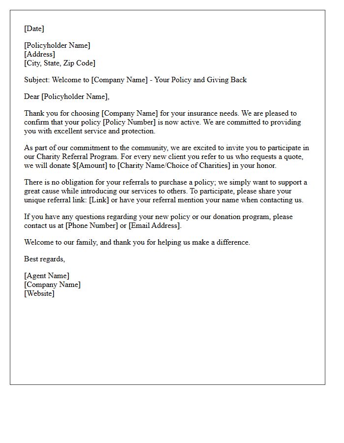 New Policyholder Welcome and Charity Donation Referral Letter