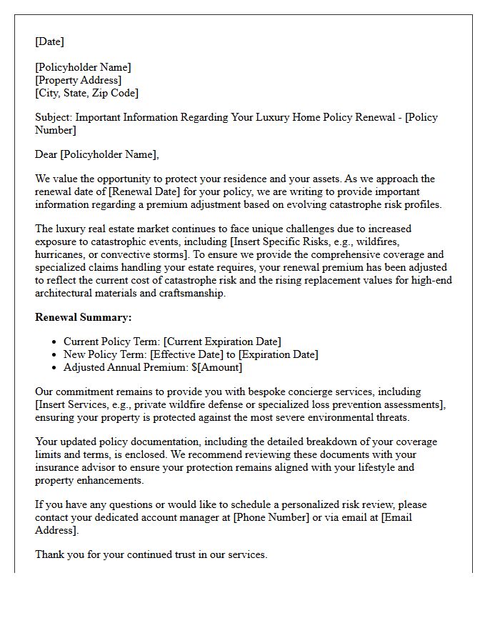 Catastrophe Risk Premium Adjustment Letter for Luxury Home Renewal