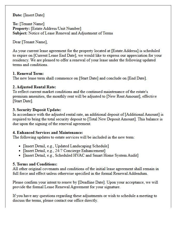 Comprehensive Renewal Terms Adjustment Letter for Luxury Estate