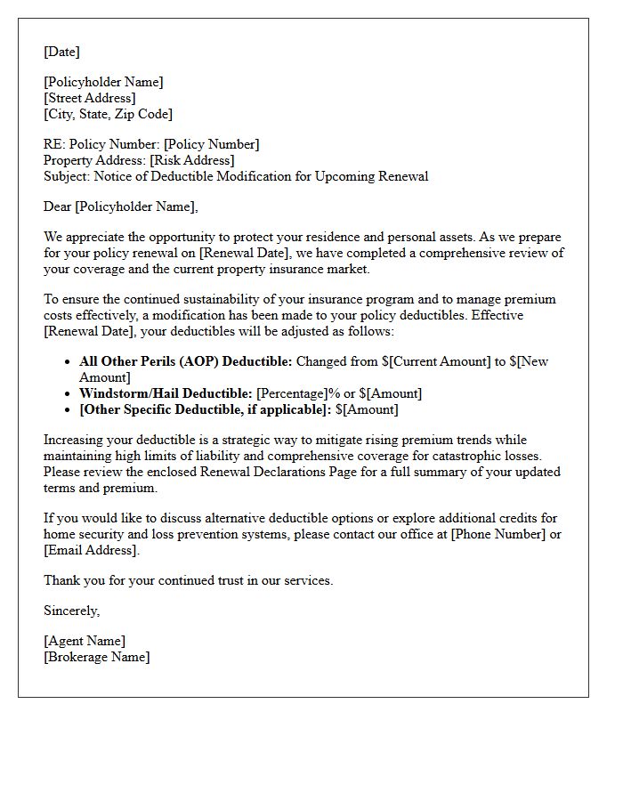 Deductible Modification Letter for High-Net-Worth Homeowner Renewal