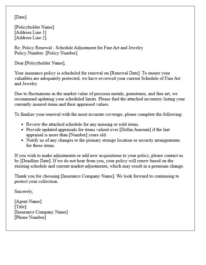 Fine Art and Jewelry Schedule Adjustment Letter for Policy Renewal