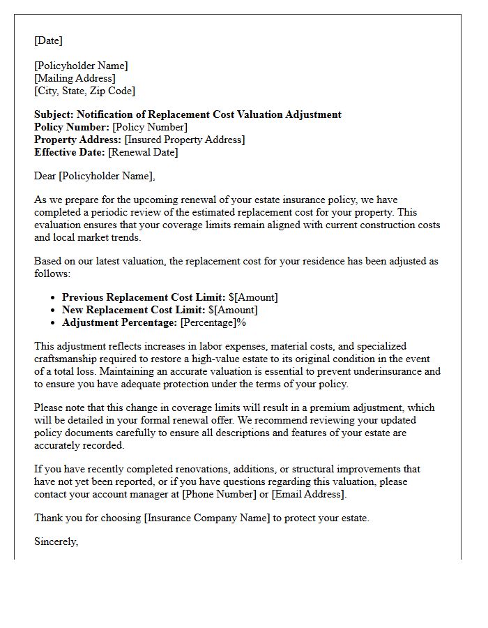 Replacement Cost Valuation Adjustment Letter for Estate Policy Renewal