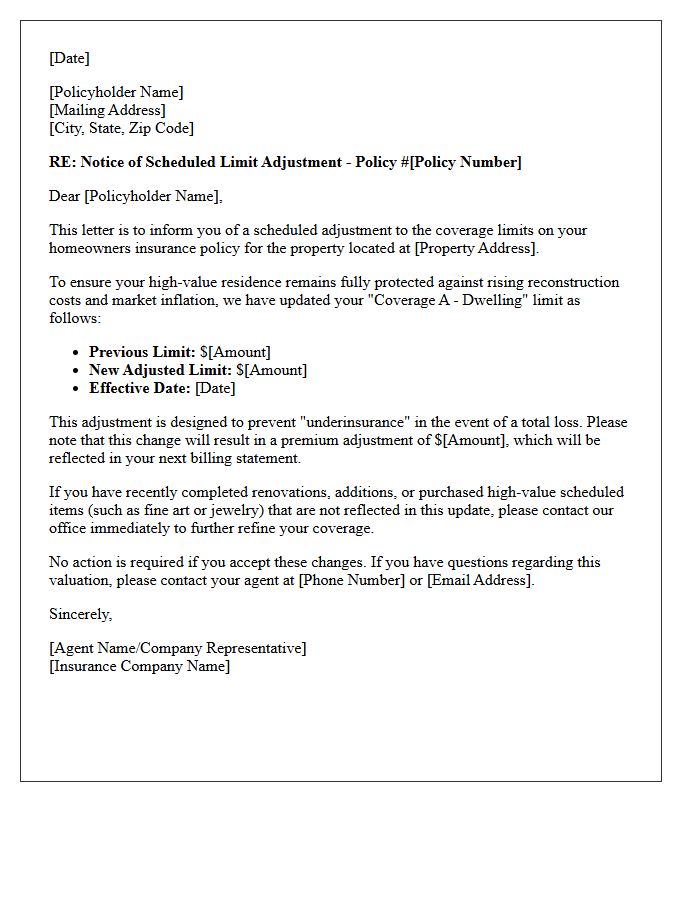 Scheduled Property Limit Adjustment Letter for High-Value Home