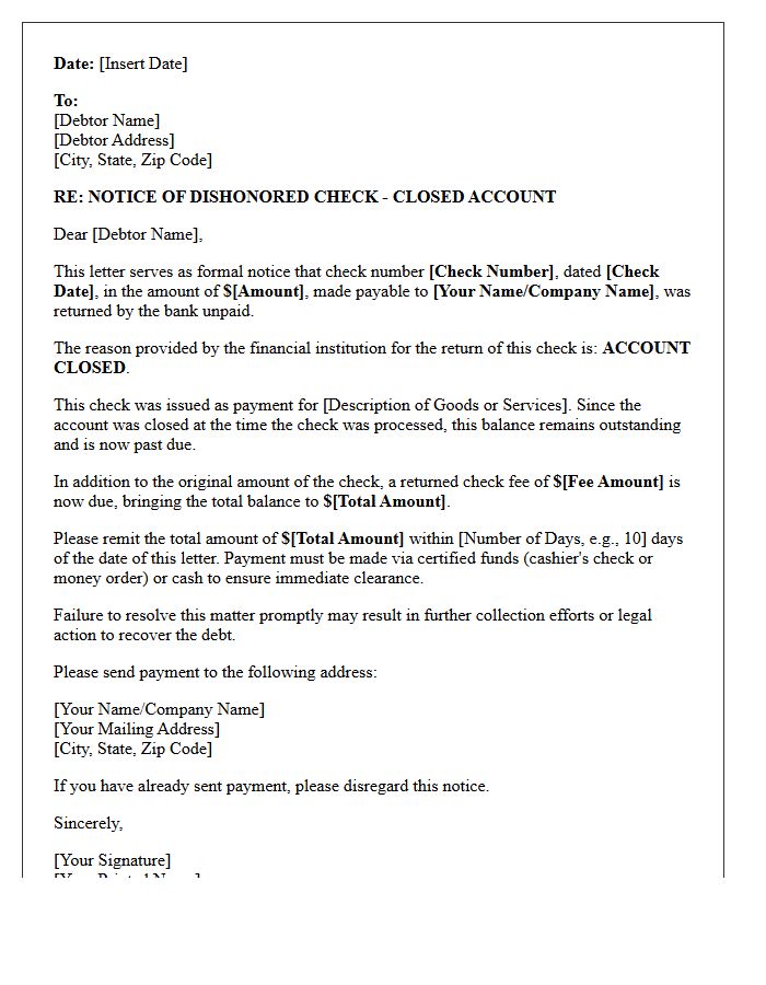Debt Recovery Letter for Dishonored Check on Closed Account