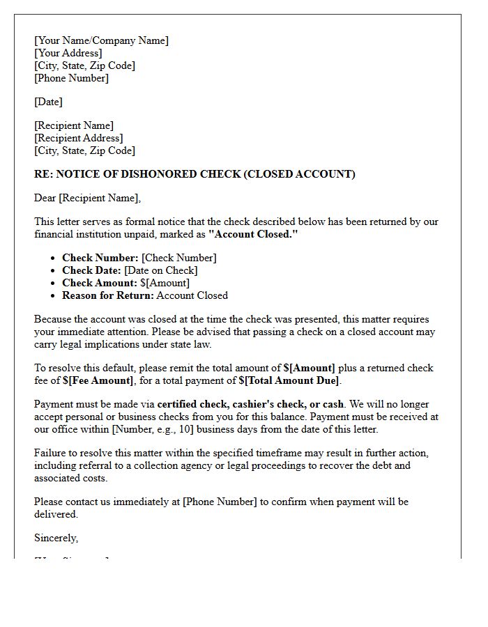 Default Resolution Letter for Dishonored Check from Closed Account