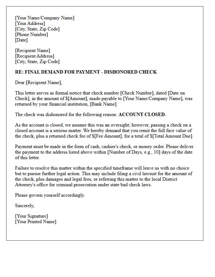 Final Demand Letter for Dishonored Check on Closed Account