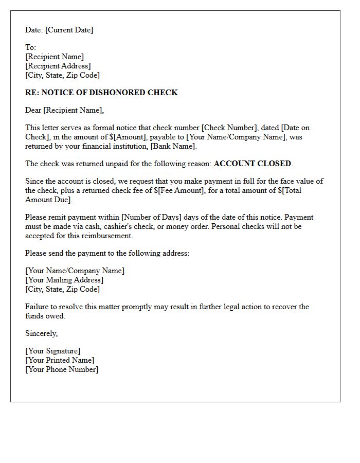 First Notice Letter of Dishonored Check Due to Closed Account
