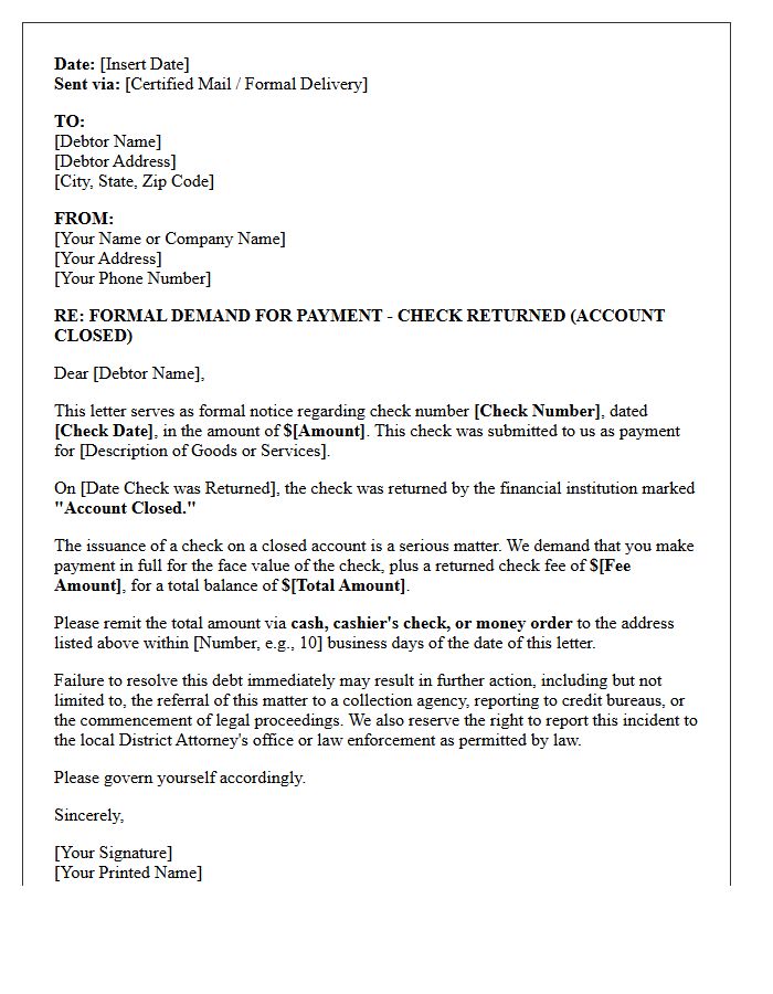 Formal Debt Collection Letter for Bounced Check from Closed Account