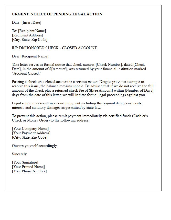 Legal Action Pending Letter for Closed Account Dishonored Check