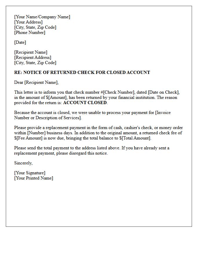 Notice of Returned Check Letter for Closed Bank Account