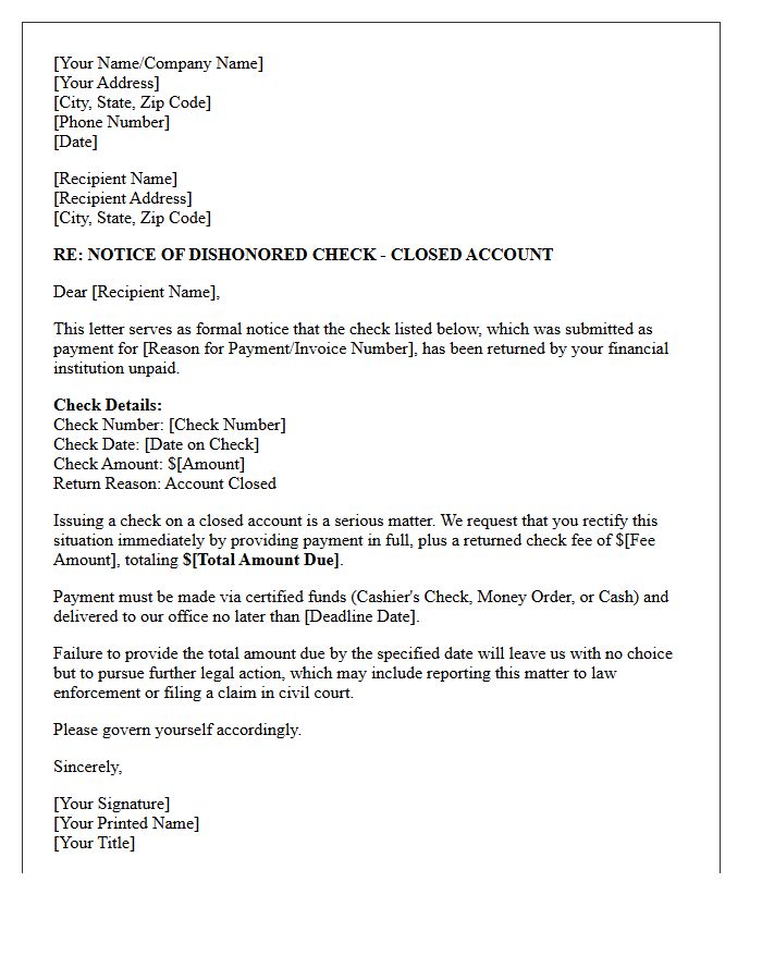 Official Warning Letter Regarding Dishonored Check on Closed Account