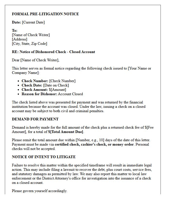 Pre-Litigation Notice Letter for Closed Account Dishonored Check