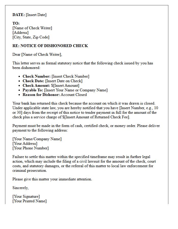 Statutory Notice Letter for Dishonored Check Due to Closed Account