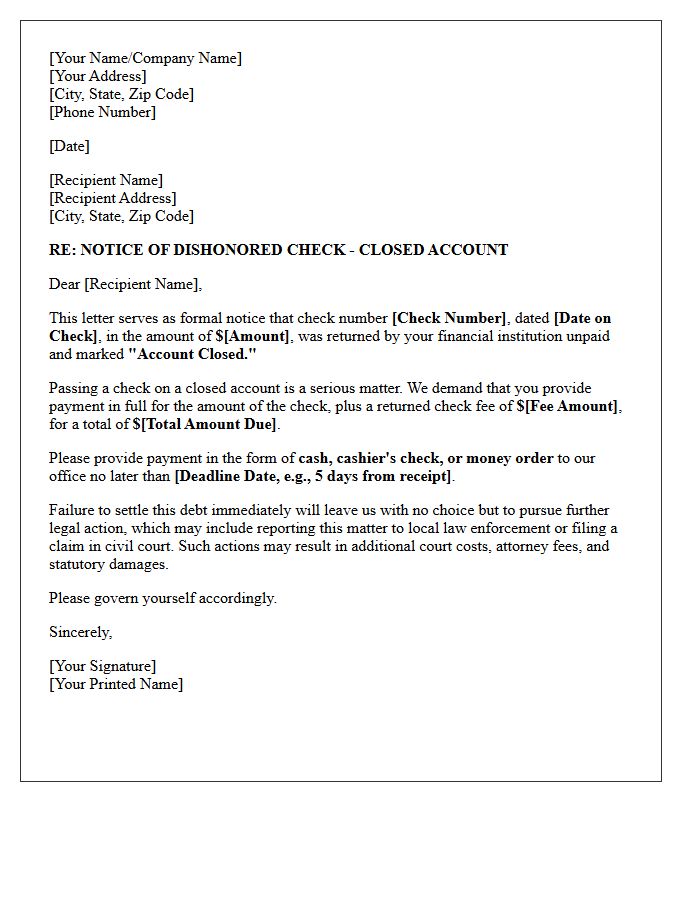 Urgent Collection Letter for Dishonored Check on a Closed Account
