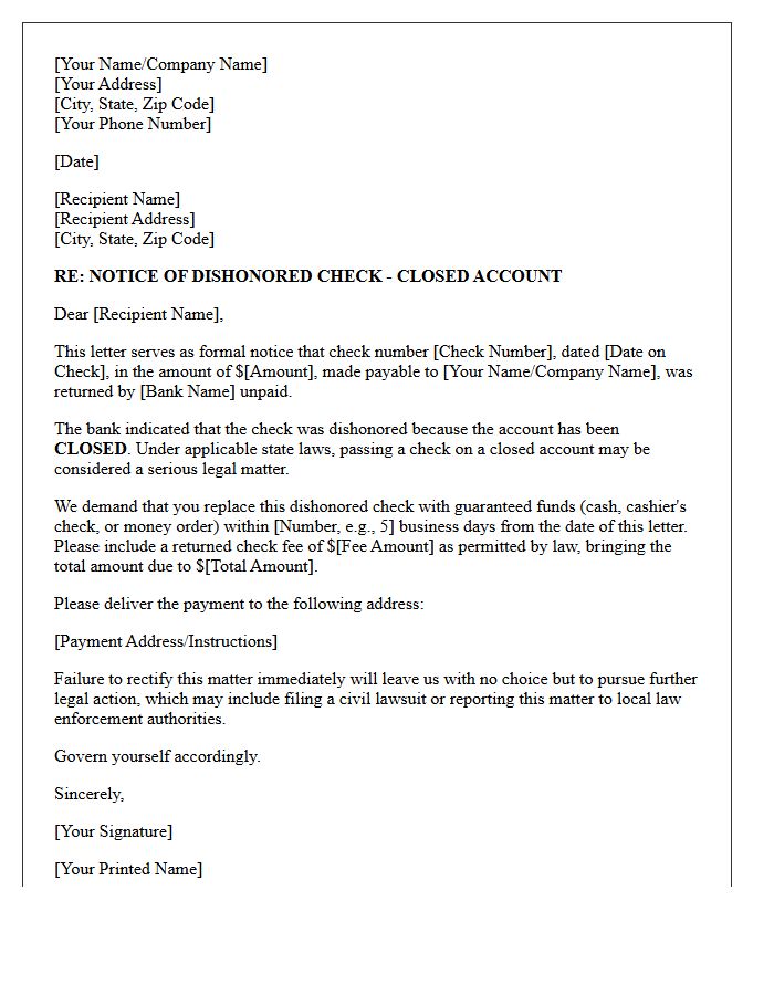 Urgent Payment Demand Letter for Dishonored Check Due to Closed Account