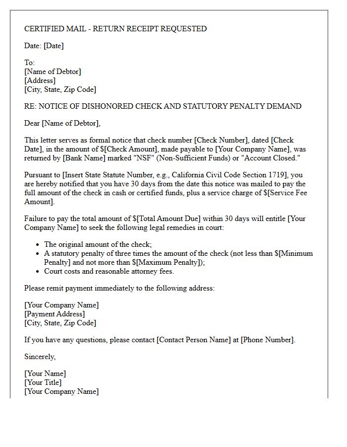 Commercial Bad Check Statutory Penalty Notice Letter