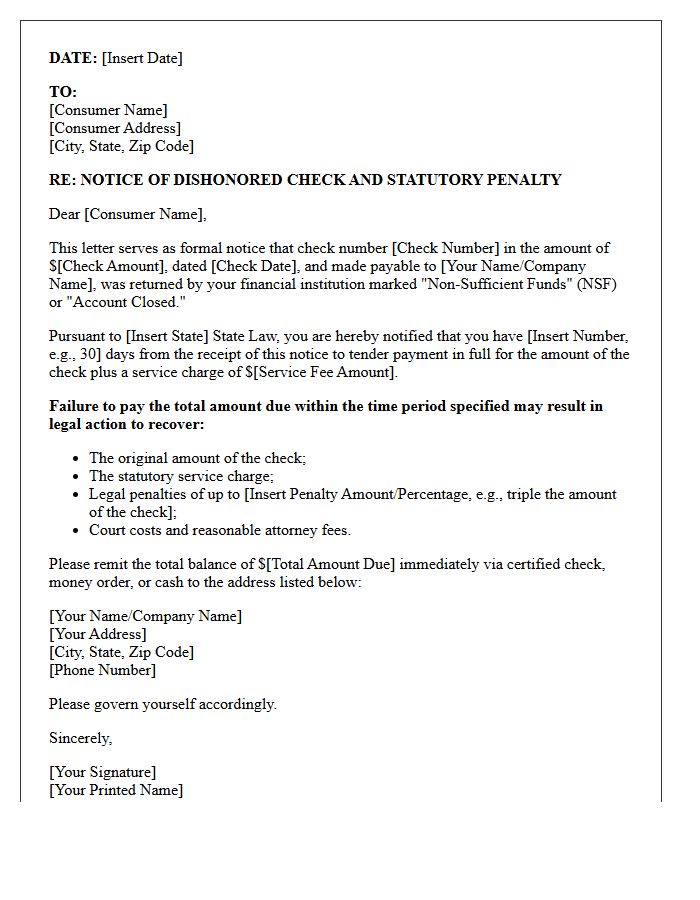 Consumer NSF Check Legal Penalty Collection Letter