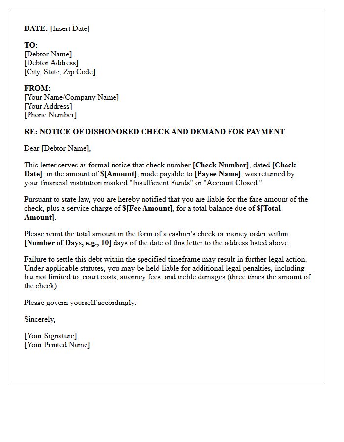 Debt Collection Letter for Dishonored Check and Legal Penalties