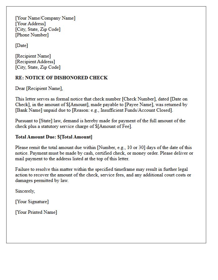 First Demand Letter for Returned Check and Statutory Fees