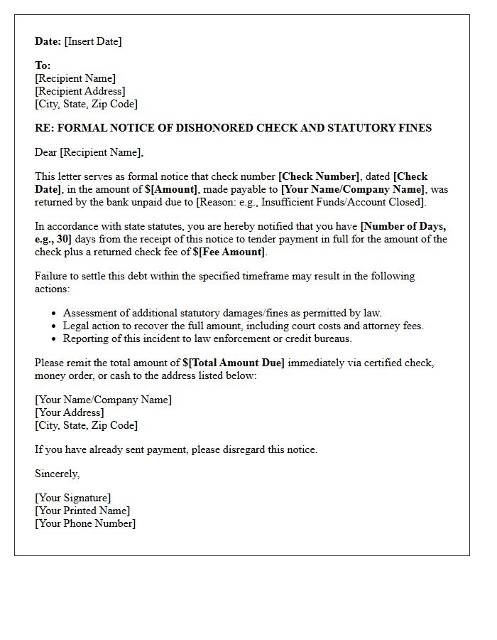 Formal Warning Letter for Dishonored Check Statutory Fines