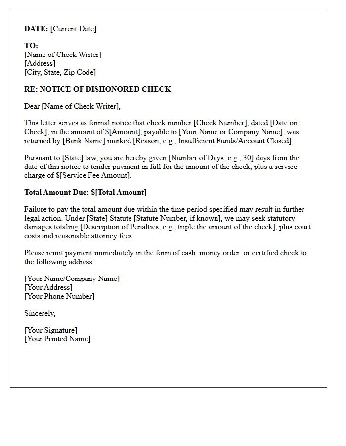 Notice of Dishonored Check and Statutory Penalties Letter