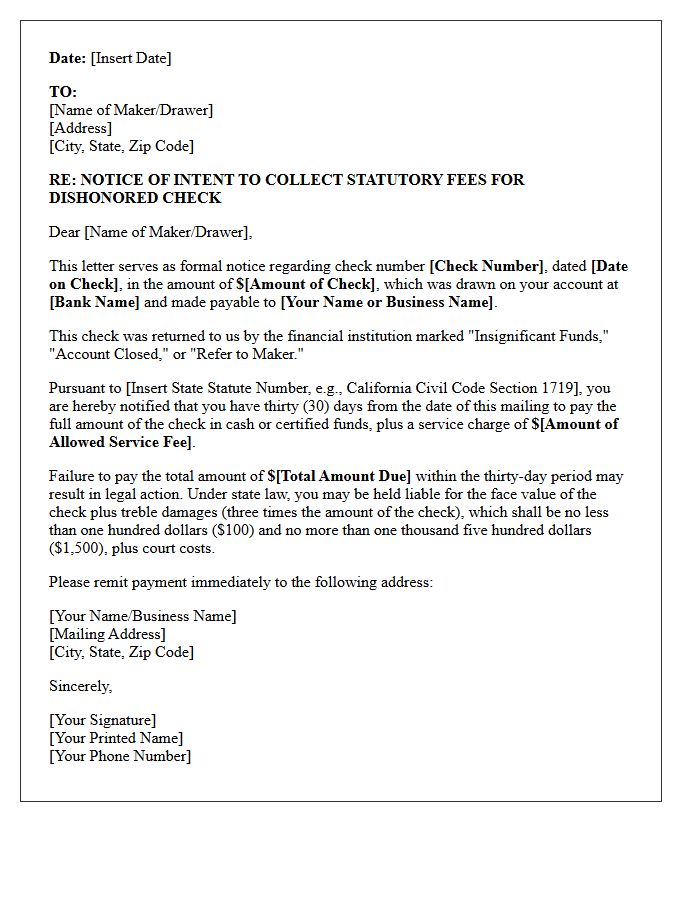 Notice of Intent Letter for Dishonored Check Statutory Fees